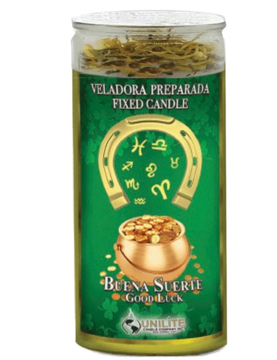 Good Luck (Buena Suerte) 14 Day Prepared Candle - a vibrant candle designed to attract blessings in health, love, and prosperity, perfect for anyone seeking a buena suerte candle.