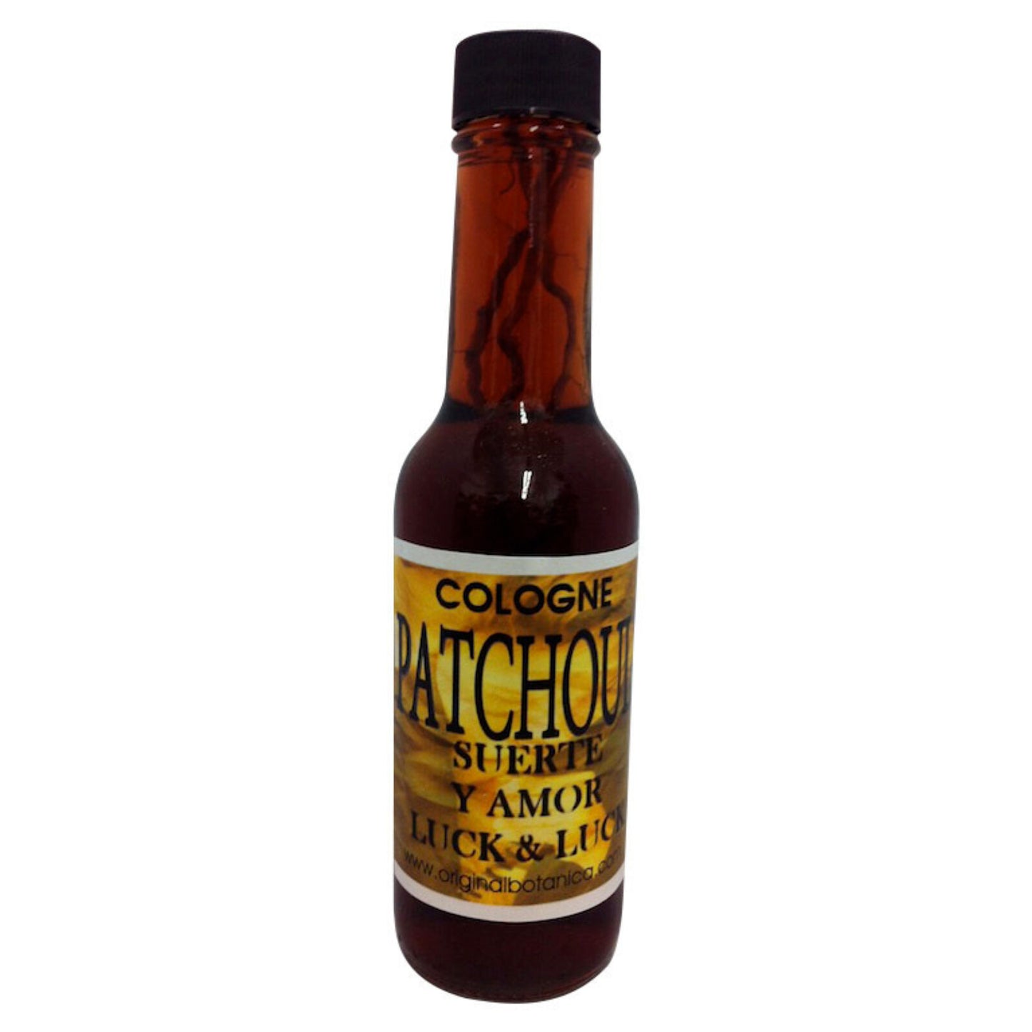 Bottle of Original Patchouli Cologne by psychic tyra, featuring a genuine piece of patchouli root for attraction and luck.