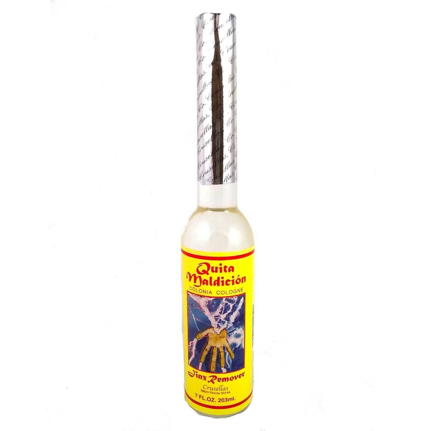 Crusellas Quita Maldicion Jinx Remover Cologne bottle designed to eliminate jinxes and negative energy.