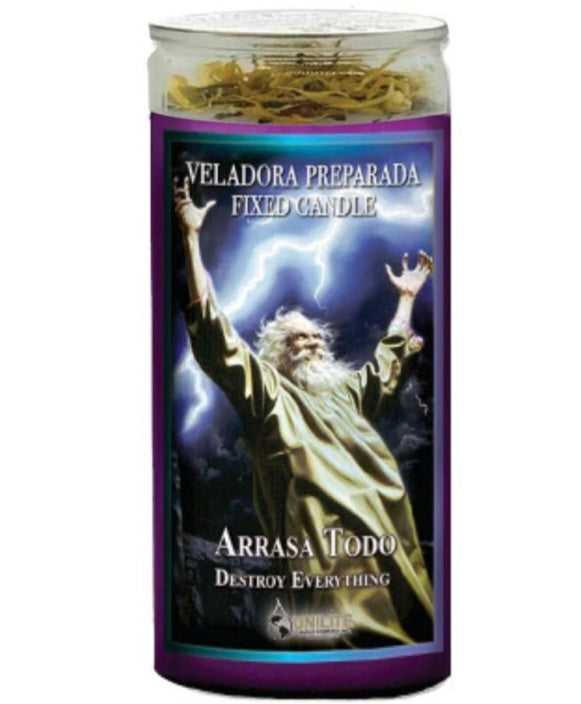 Destroy Everything 14 Day Prepared Candle, a powerful prepared spell candle designed to banish negative and evil forces, made with potent herbs, roots, and oils for positive energy.