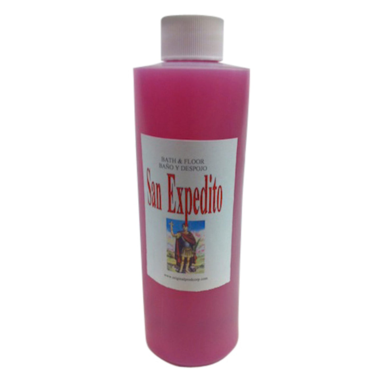 Saint Expedito Bath & Floor Wash in a clear 8oz plastic bottle, designed to bring good luck and fortune in gambling and games of chance, perfect for use in baths or mopping floors. Ideal for those seeking to use saint expedito wash for positive outcomes.