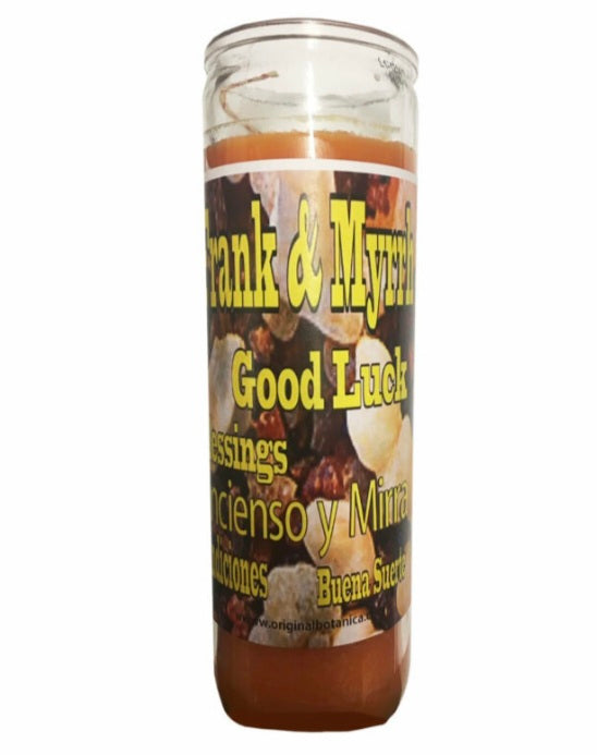 Frankincense & Myrrh custom scented candle designed for spiritual cleansing, perfect for rituals and meditation. Experience the calming and pleasant aroma of this frankincense myrrh candle.