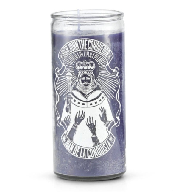 High John the Conqueror Candle 14 Day Purple - A vibrant purple high john candle for strength and confidence, perfect for manifesting goals.