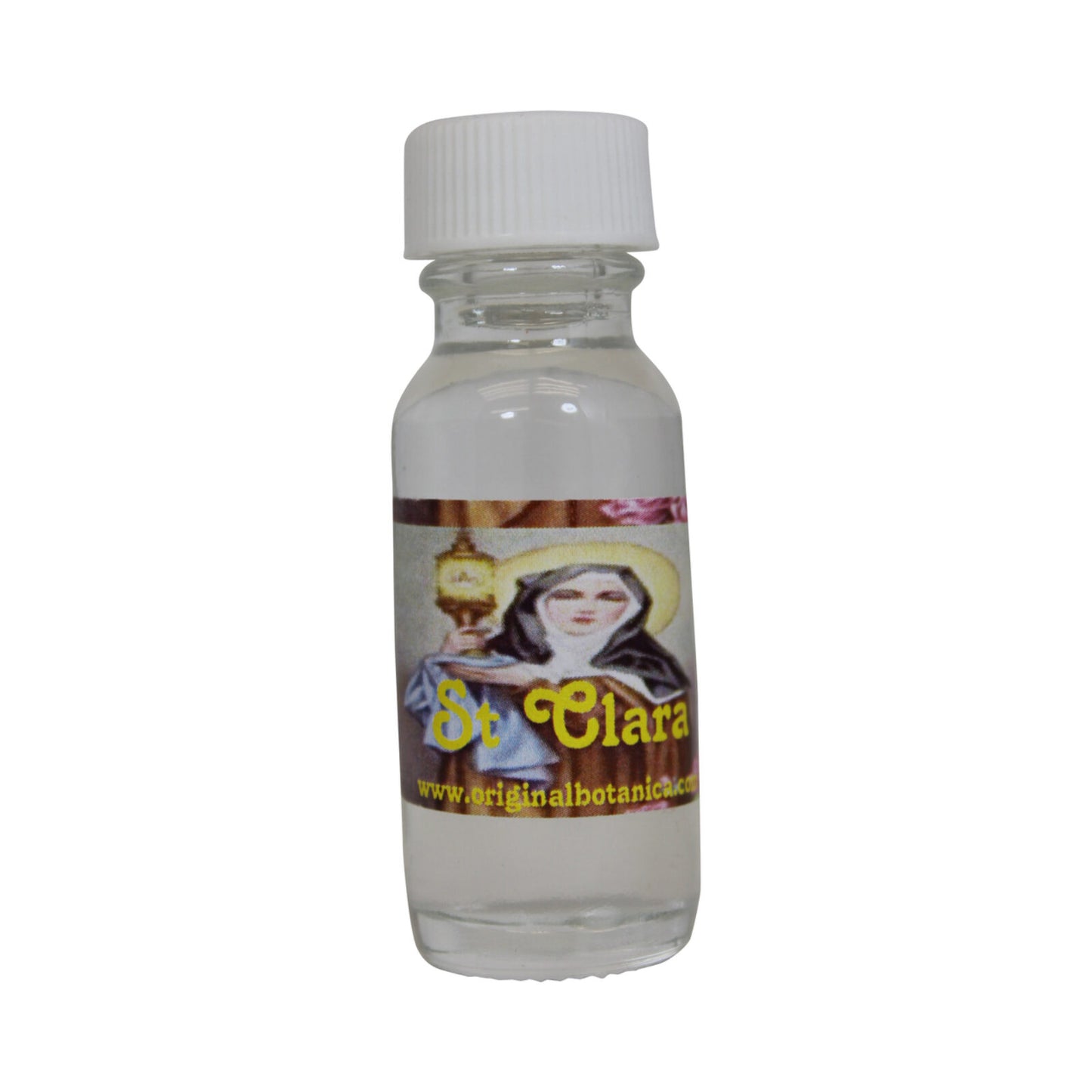 Glass bottle of Saint Clare (Santa Clara) Oil, used for clearance and protection, featuring the label highlighting its use in overcoming difficulties and fears, perfect for those seeking spiritual support with saint clare oil.