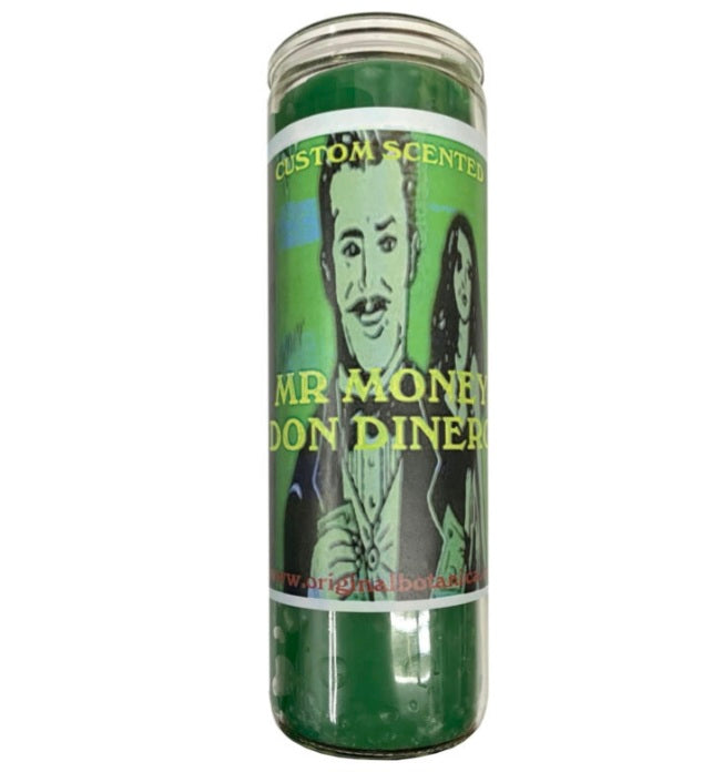 Mr. Money (Don Dinero) Custom Scented Candle, a money drawing candle designed to attract abundance and wealth with its pleasant aroma and elegant design.