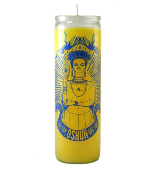 Oshun 7 Day Orisha Candle, perfect for honoring the Orisha Oshun, promoting love and happiness, and manifesting desires.