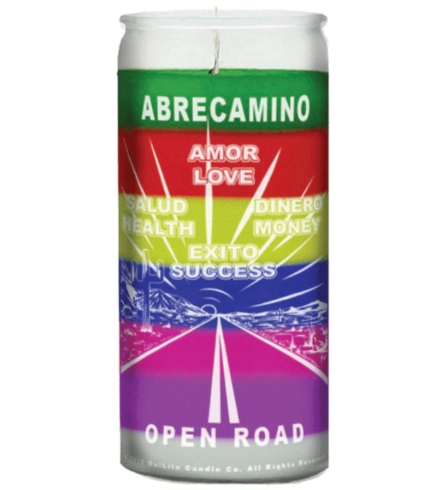 Open Road (Abre Camino) 14 Day 7 Color Prepared Candle, an abrecamino prosperity candle designed to attract success and luck, featuring a dual-language prayer.