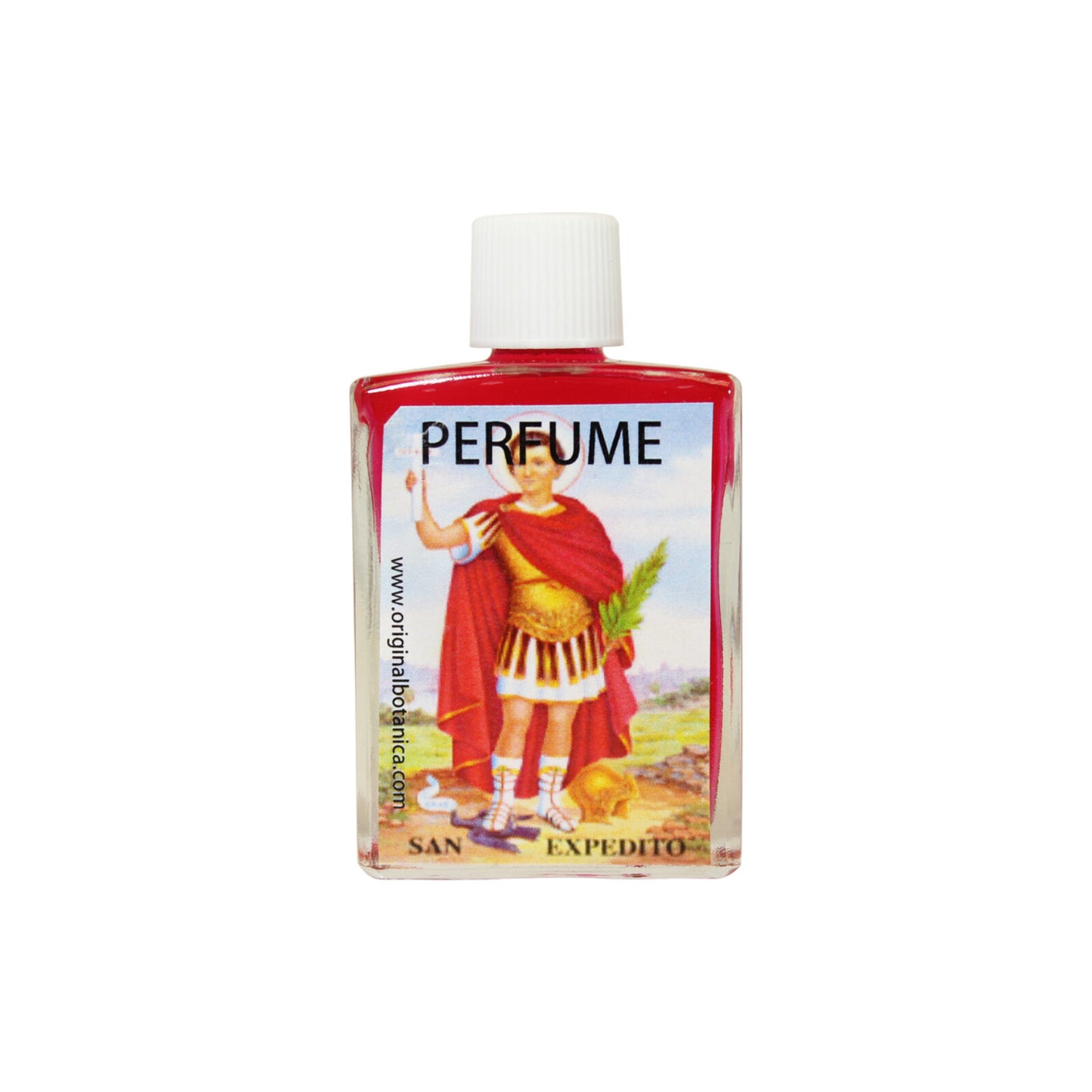 Saint Expedito Perfume in a stylish 1oz glass bottle, designed to bring luck and success in gambling and games of chance.