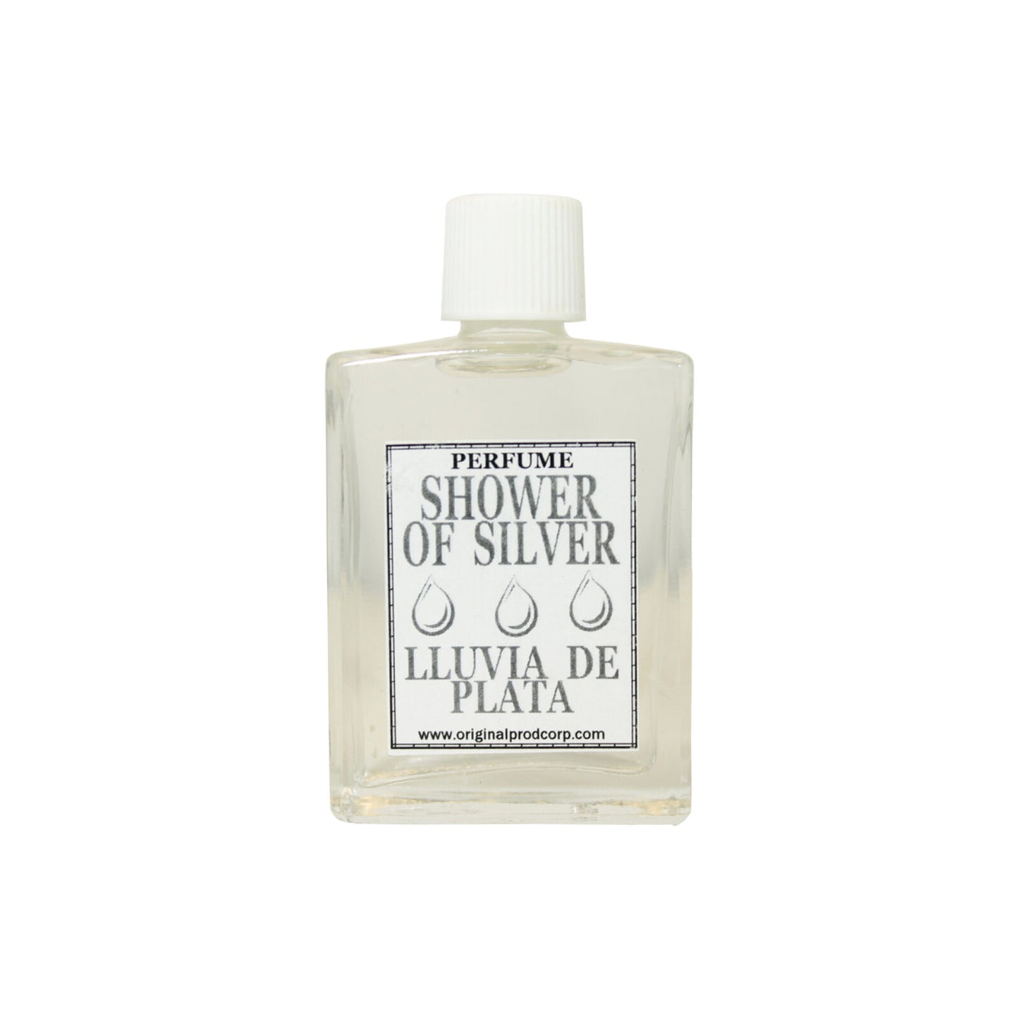 Lluvia de Plata Perfume, a money attracting perfume in a stylish 1oz glass bottle, featuring sweet and spicy scent notes like cinnamon, clove, and orange to manifest abundance and prosperity.