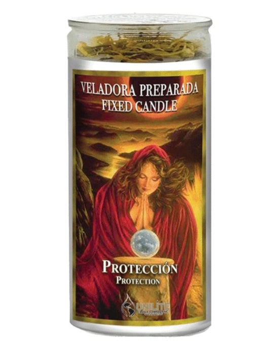 Protection 14 Day Prepared Candle designed to provide a shield against evil and harm, featuring a protective prayer in English and Spanish, perfect as a spiritual protection candle.