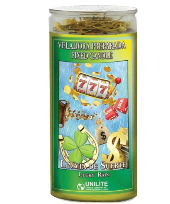 Rain Good Luck/Lluvia de Suerte 14 Day Prepared Candle featuring colorful packaging, perfect for attracting positive energy and good fortune. Ideal lluva de suerte candle for health, love, and abundance.