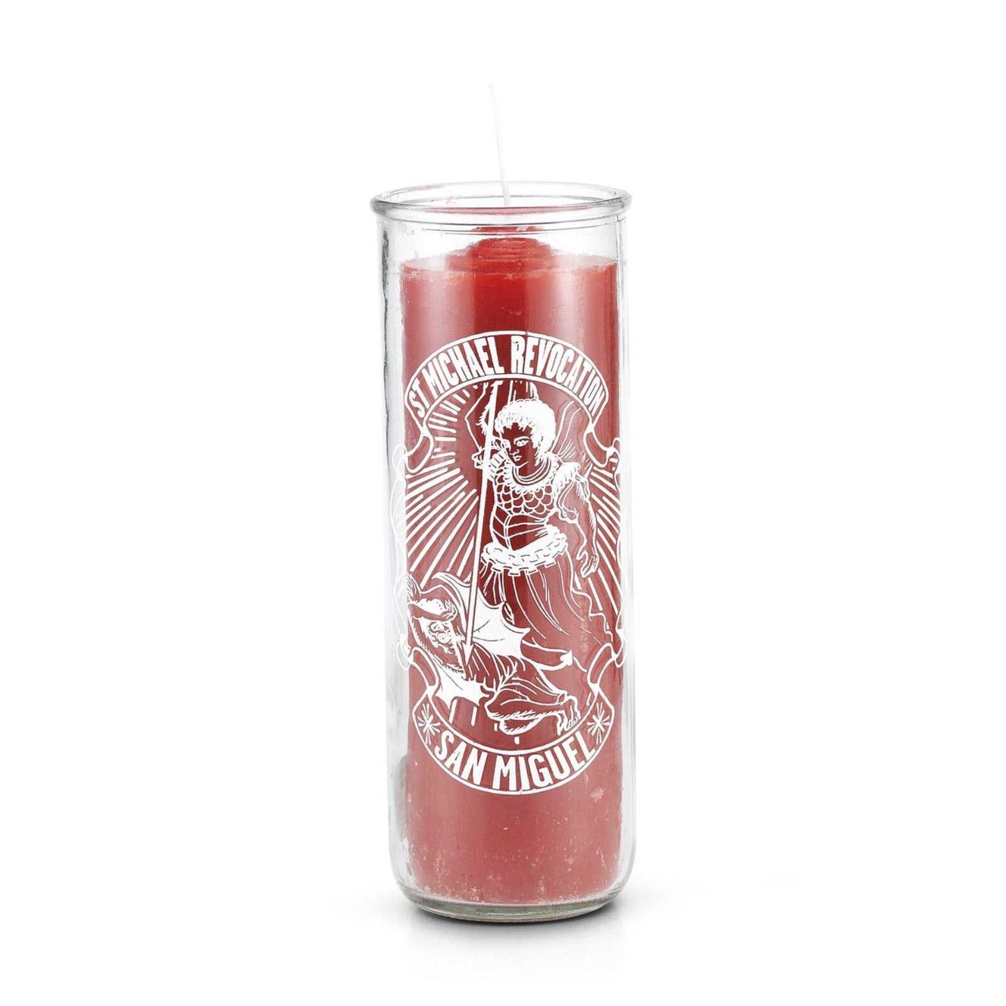 Saint Michael (San Miguel) 7 Day Candle Revocation Pull Out Candle, a powerful saint michael candle designed for protection against evil, featuring instructions for use and a prayer.