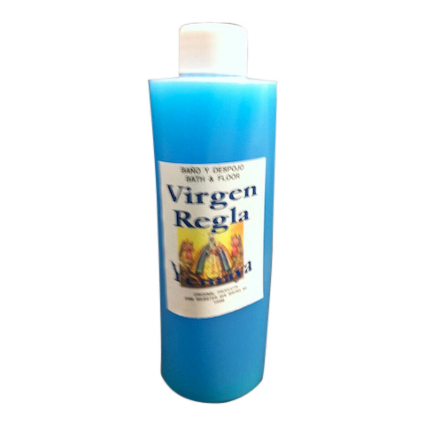 Virgin of Regla Bath & Floor Wash in an 8oz plastic bottle, featuring powerful herbal and oil blend for spiritual cleansing and petitioning prayers.
