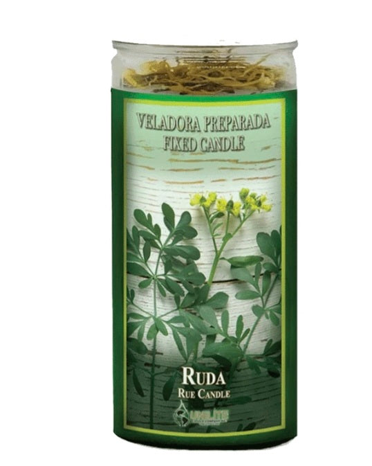 Rue (Ruda) Prepared 14 Day Prayer Candle for luck, made with natural ingredients for rituals and spiritual practices.