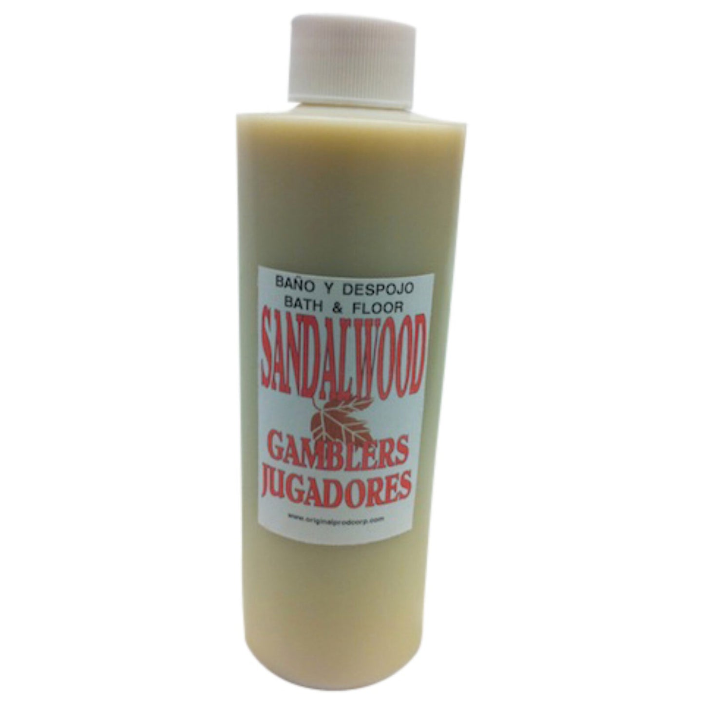 Sandalwood Bath & Floor Wash by Psychic Tyra in an 8oz plastic bottle, designed to attract good luck while gambling. Perfect for effective bathing or mopping, this sandalwood bath wash promises to enhance your luck before heading to the casino.
