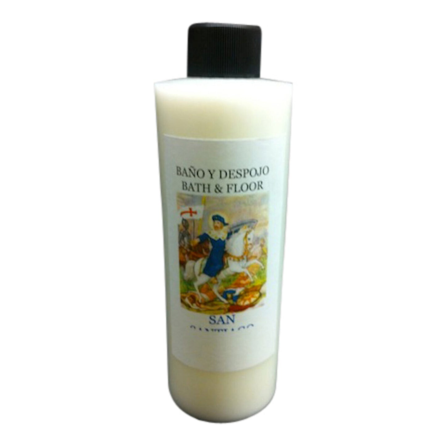 Saint Santiago Bath & Floor Wash in an 8oz plastic bottle, featuring a powerful blend of herbs and oils for protection and creating a sacred space, perfect for your home.