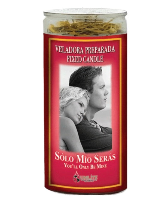 You Will Only Be Mine 14 Day Prepared Candle, a binding candle for lovers, designed to bind your lover to you exclusively, featuring a prayer for love and devotion.