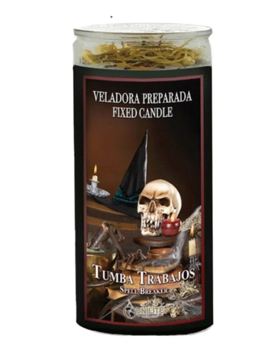 Tumba Trabajo 14 Day Prepared Candle to break negative energy and jinxes. Long-burning tumbra trabajo candle for spiritual cleansing.