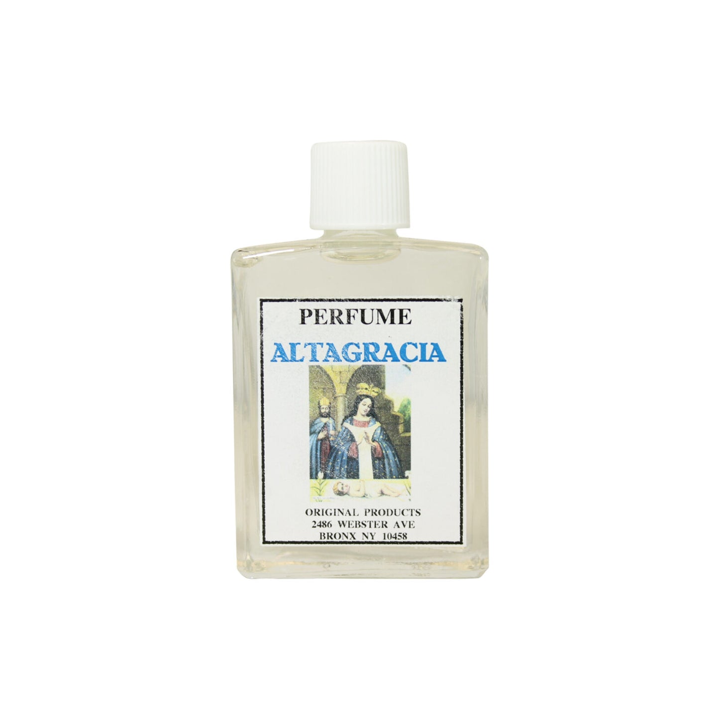 Virgin Altagracia Perfume in a 1oz glass bottle showcasing its floral and citrus notes, perfect for connecting with the spiritual protector of the Dominican Republic.