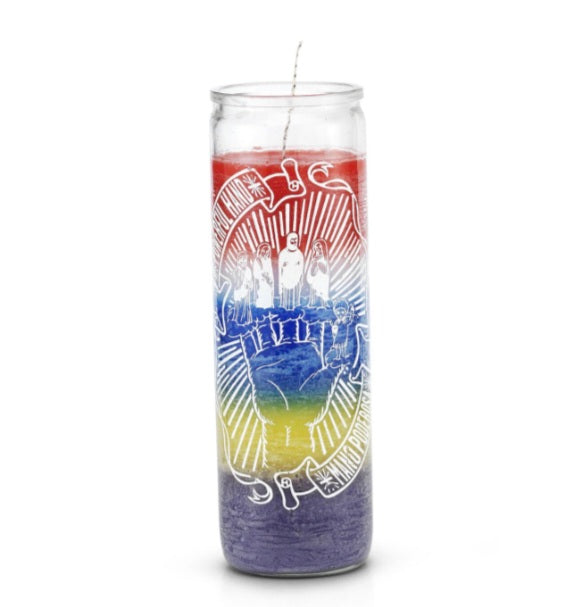 Most Powerful Hand 7 Color 7 Day Prayer Candle designed for spiritual assistance, featuring vibrant colors representing magical protection.