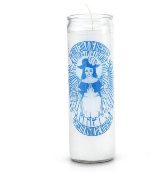 Infant of Atocha (Santo Niño de Atocha) 7 Day Saint Candle, perfect for lighting to petition for your desires, featuring prayer in English and Spanish for a spiritual experience. Ideal for enhancing your home decor with the infant of Atocha candle.