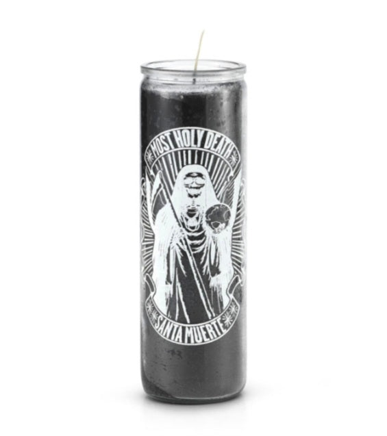 Most Holy Death (Santa Muerte) 7 Day Saint Candle Black for protection and good fortune, featuring the most holy death candle design.