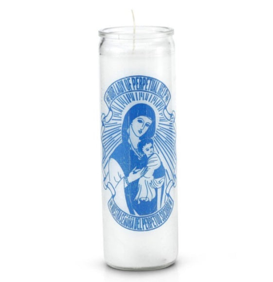 Our Lady of Perpetual Help 7 Day Saint Candle, perfect for praying and seeking guidance, featuring English and Spanish prayers on the back. Ideal for petitioning help from the Virgin Mary, known as our lady of perpetual help candle.