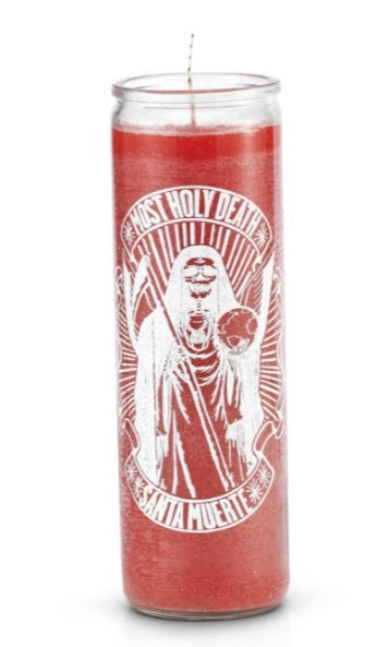 Most Holy Death (Santa Muerte) 7 Day Saint Candle Red for love, protection, and fortune, featuring a prayer in English and Spanish, ideal for spiritual guidance - perfect Santa Muerte candle.
