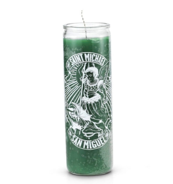 Saint Michael (San Miguel) 7 Day Saint Candle Green, ideal for spiritual guidance and protection, featuring the saint's prayer for evil protection - perfect for spiritual practices.