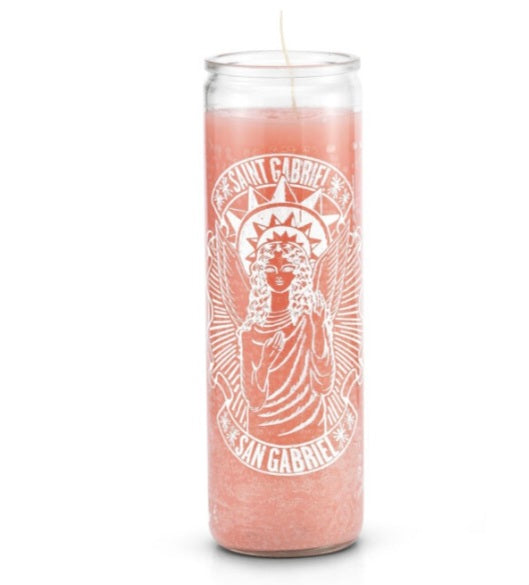 Saint Gabriel 7 Day Saint Candle, an essential item for protection seekers, featuring a prayer in English and Spanish, ideal for spiritual and physical safety.