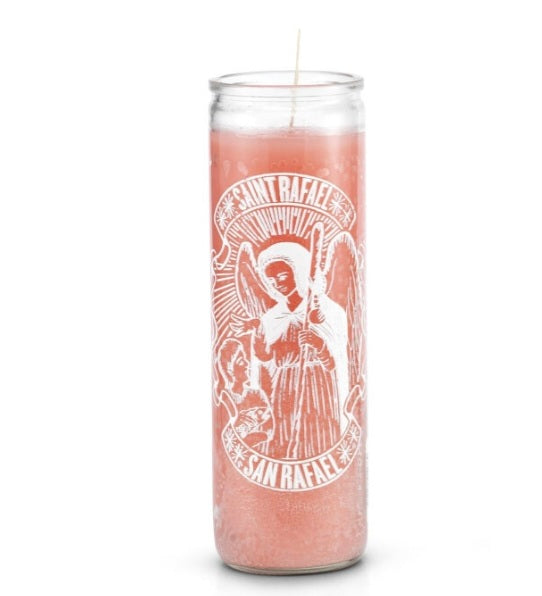 Saint Raphael (San Rafael) 7 Day Saint Candle for healing and love, featuring a prayer in English and Spanish.