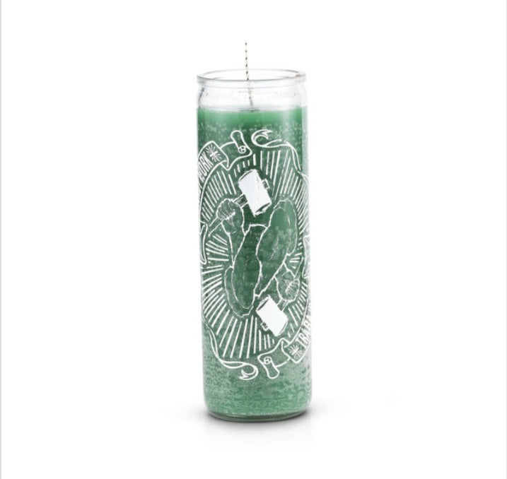 Steady Work (Trabajo Fijo) Prayer Candle in green color, perfect for attracting consistent employment and success in business. Ideal steady work prayer candle for job seekers and entrepreneurs.