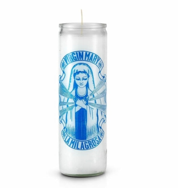 Virgin Mary La Milagrosa 7 Day Saint Candle, perfect for spiritual guidance and blessings, featuring a blue design and prayer in English and Spanish.