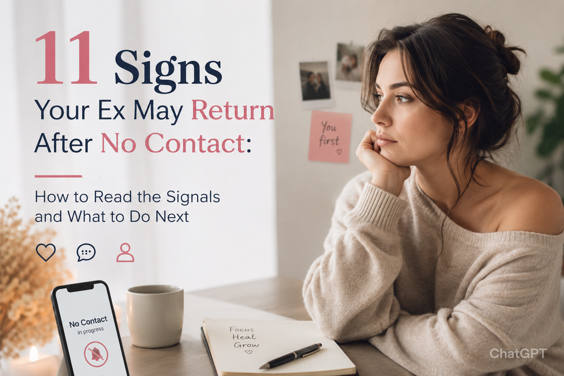 Visual representation for the blog post '11 Signs Your Ex May Return After No Contact' highlighting key insights and emotional trends when an ex is reconsidering the relationship.