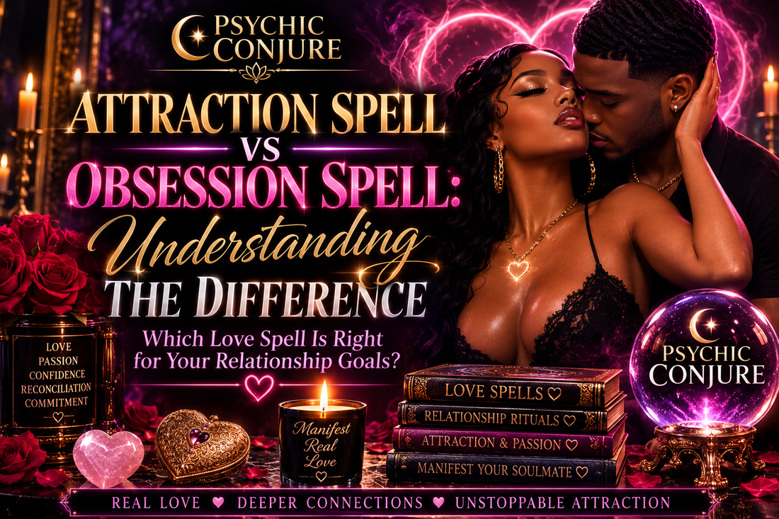 Visual representation explaining the differences between Attraction Spell vs Obsession Spell during a spiritual discussion on love rituals.
