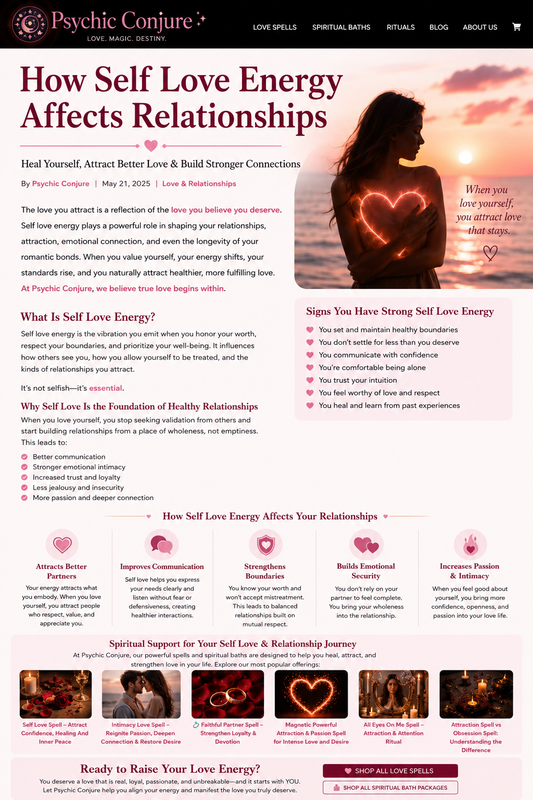 An infographic illustrating how Self-Love Energy transforms relationships and attracts lasting love, highlighting the importance of self-worth, emotional health, and attracting compatible partners.