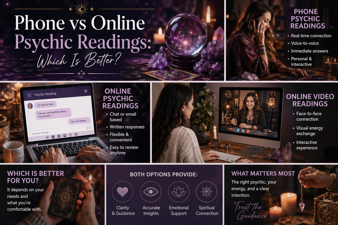 A comparison image highlighting Phone vs Online Psychic Readings, showcasing advantages and features of both methods for accurate guidance in psychic readings.