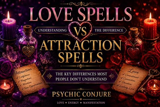 Love Spells vs Attraction Spells: The Key Differences Most People Don't Understand blog illustration comparing romantic attraction, emotional connection, and relationship goals