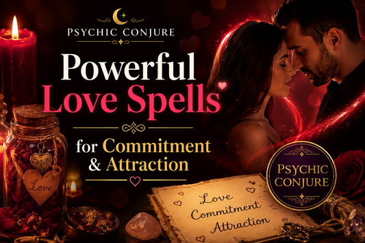 Powerful Love Spells for Commitment & Attraction guide featuring romantic spiritual rituals for passion, connection, and lasting love