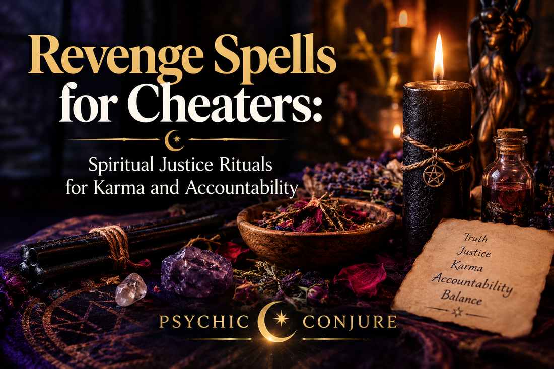 Revenge Spells for Cheaters guide featuring spiritual justice rituals, karma, and accountability