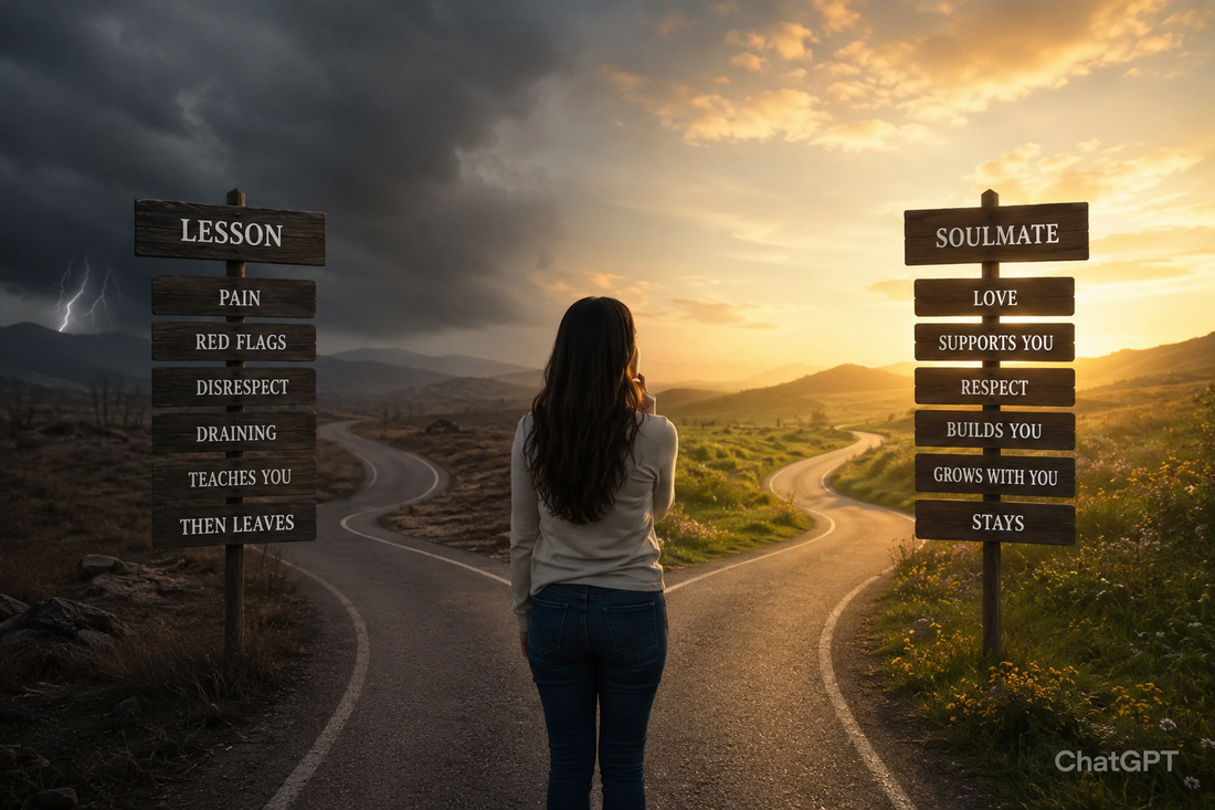 Image representing the theme 'How To Know If Someone Is Your Soulmate or Just a Lesson' with visual elements suggesting signs of soulmate connections and lesson relationships.