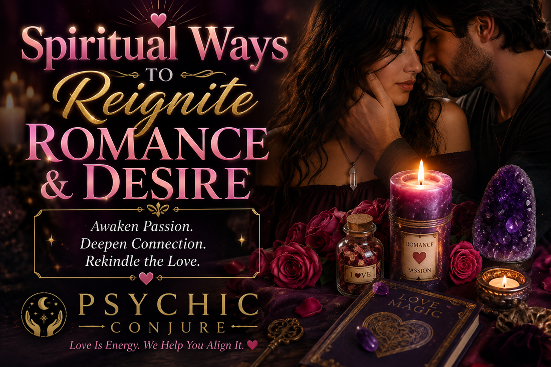 An artistic representation of a couple sharing a meaningful moment, illustrating the blog post title 'Spiritual Ways to Reignite Romance and Desire in Your Relationship' and highlighting techniques to boost intimacy and affection.