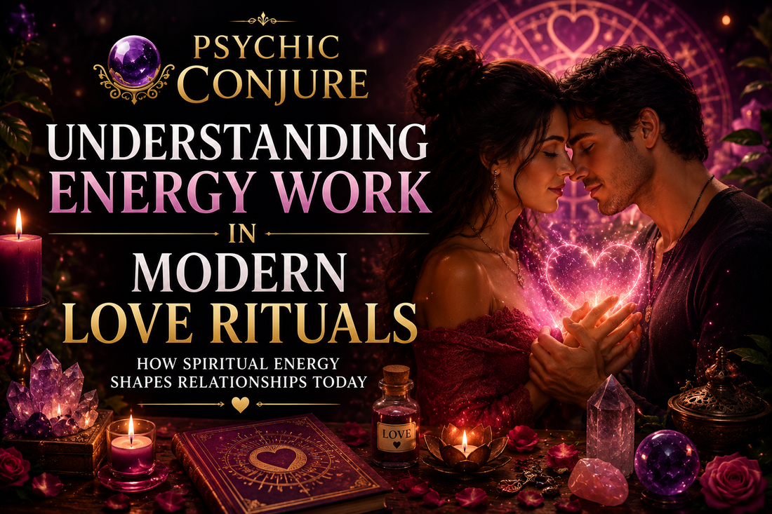 An illustration showing the practice of Energy Work in Modern Love Rituals, depicting elements like intention setting and chakra alignment to enhance emotional connections in relationships.